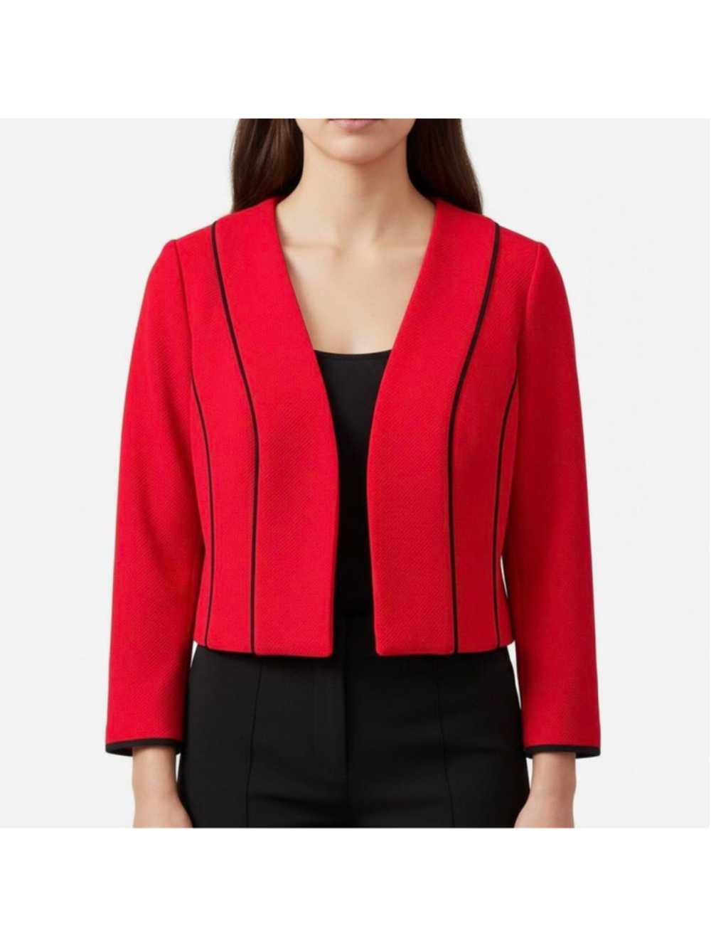 Madison LEIGH 
Red cropped blazer with black piping detail